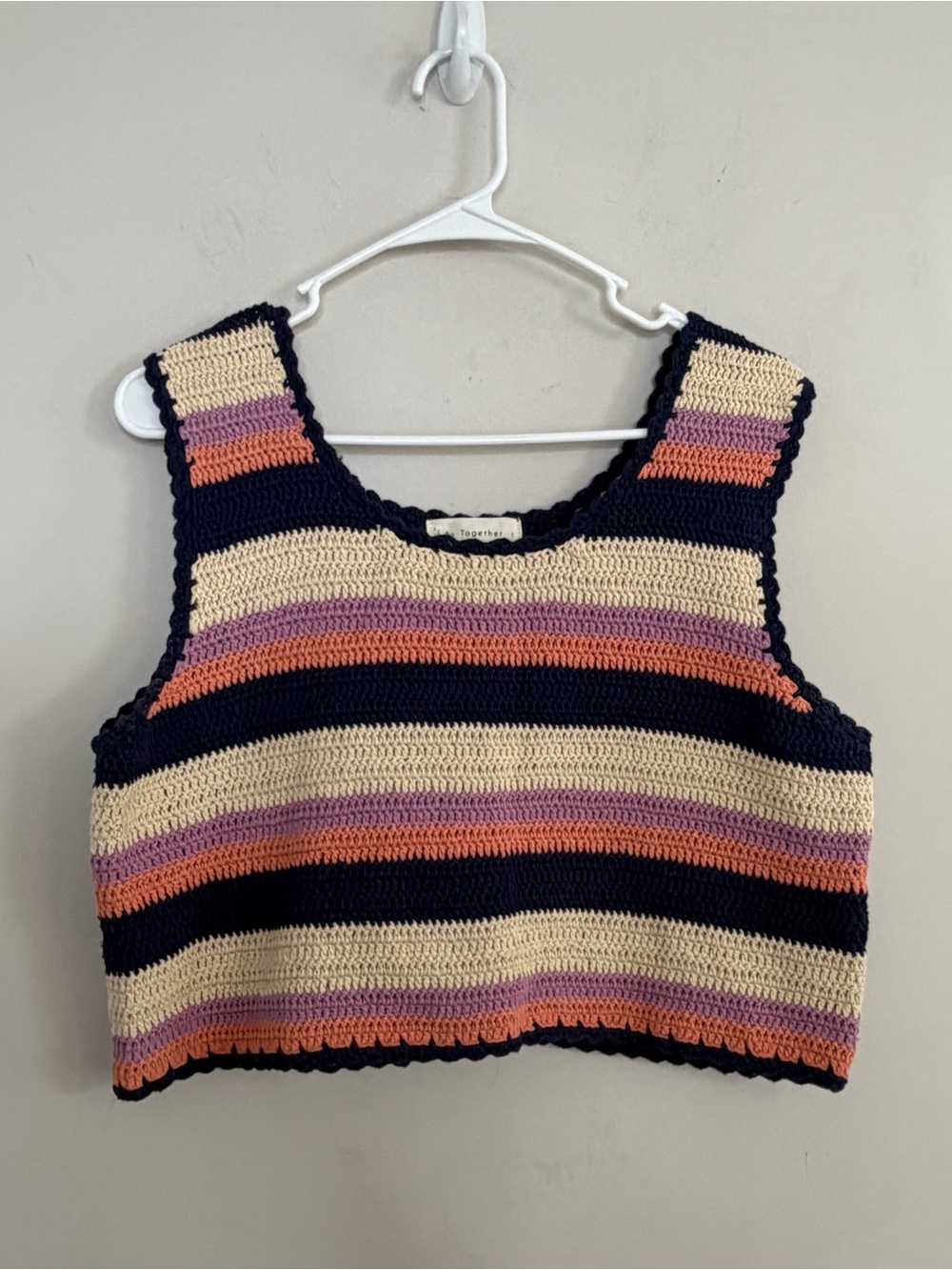 By Together Crochet Striped Crop Tank Top 70s Boho Knit Festival